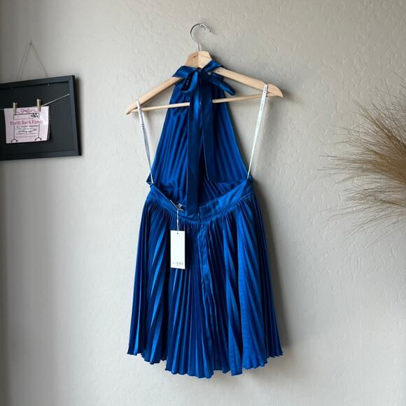 L’IDEE Renaissance Moroccan Blue Pleated Satin Crisscross Halter Mini‎ Dress NWT - Picture 5 of 10